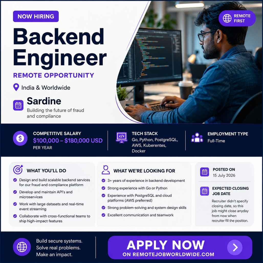 Sardine Is Hiring a Remote Software Backend Engineer - INR 3000000-5000000/year
